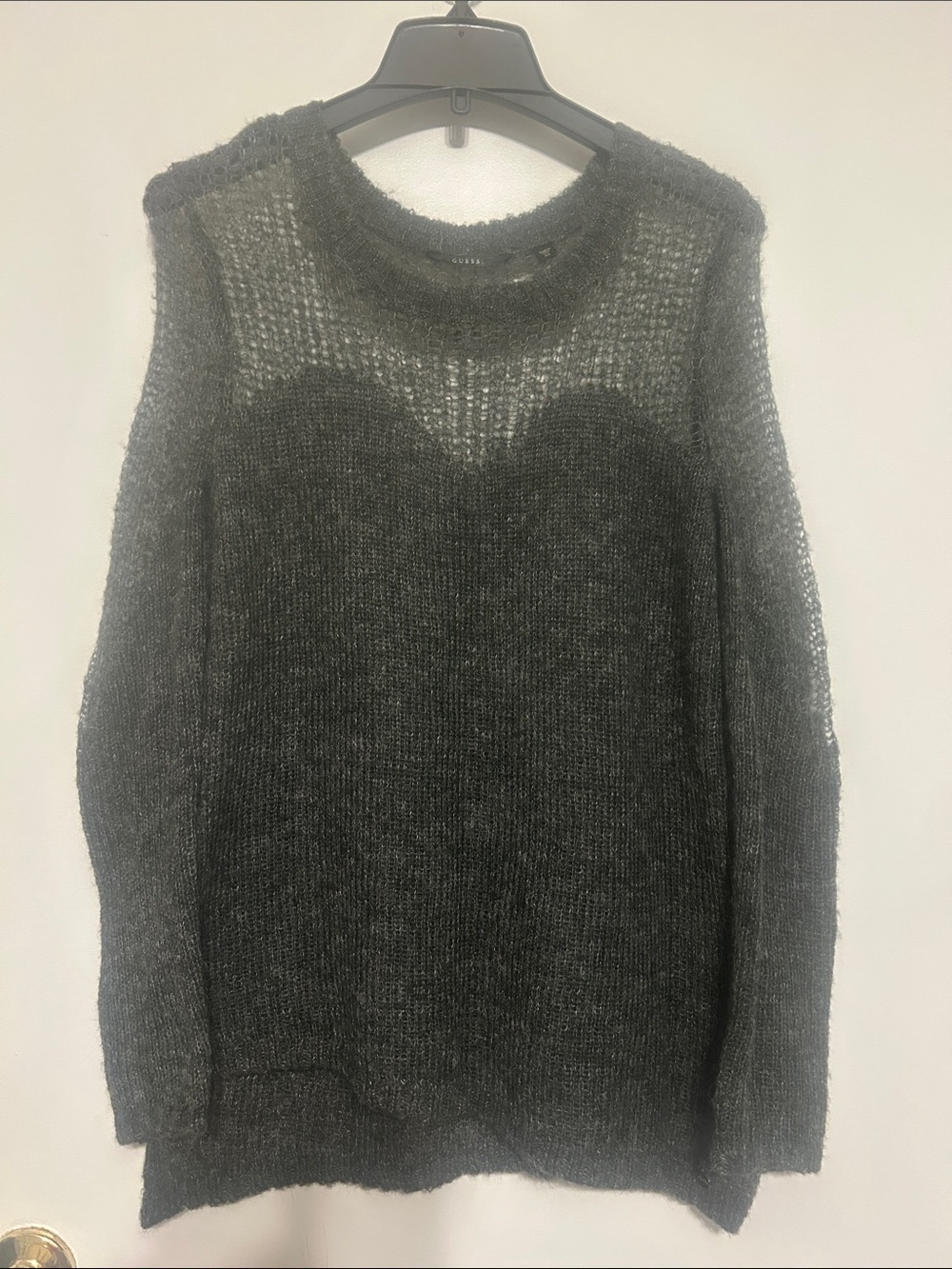 Guess Sheer Open-Knit Scoop Neck Sweater in Gray
